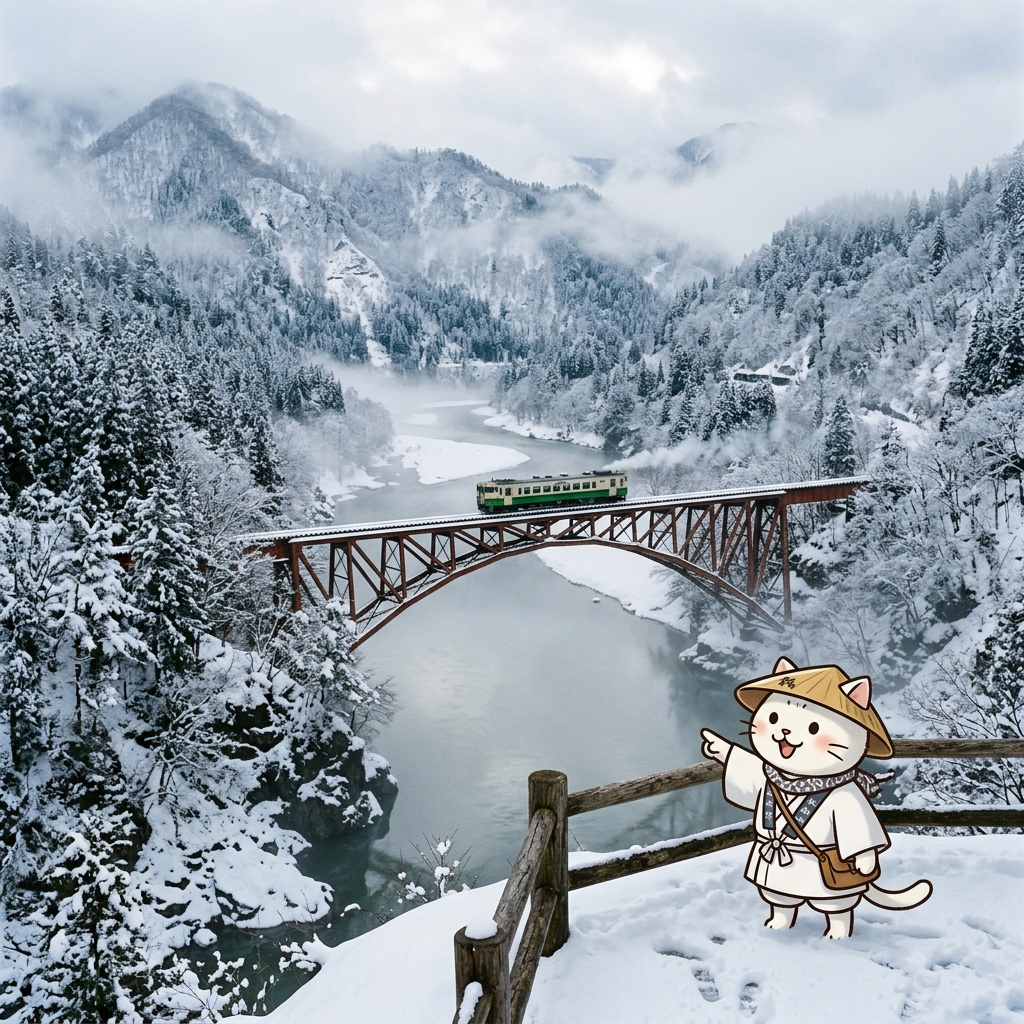 Beyond the Bullet Train: 5 Breathtaking Scenic Railways in Japan Tadami Line Winter Bridge with Matatabi Taro